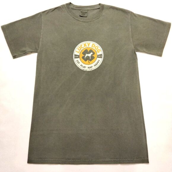 SMALL Lucky Dog Unisex Crewneck Short Sleeve Distressed Khaki Green Tee - Picture 9 of 9